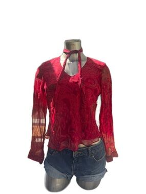Women's Red Paisley Tie-Neck Blouse